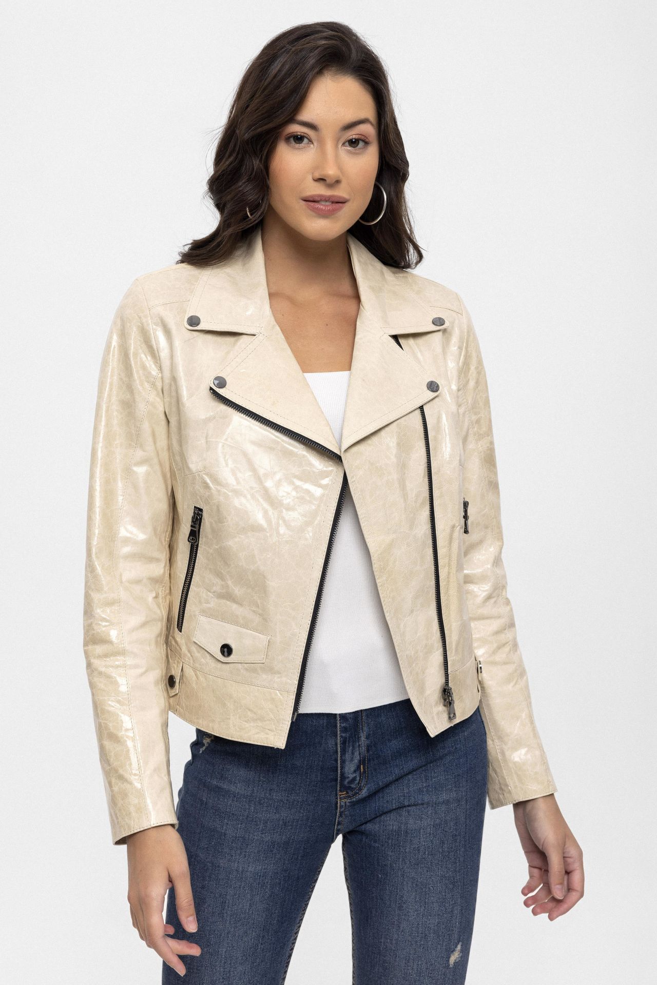 Beige Merlot Genuine Leather Woman Biker Jacket