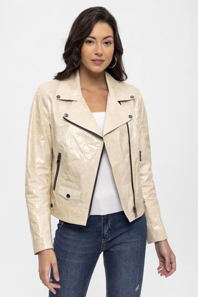 Beige Merlot Genuine Leather Woman Biker Jacket