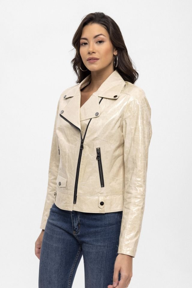 Beige Merlot Genuine Leather Woman Biker Jacket