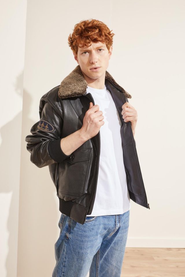 Black Dustin Collar Fur Man Genuine Leather Pilot Jacket
