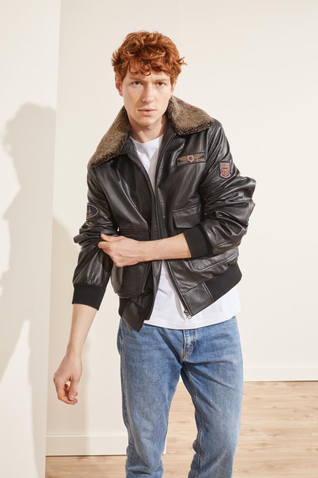 Black Dustin Collar Fur Man Genuine Leather Pilot Jacket