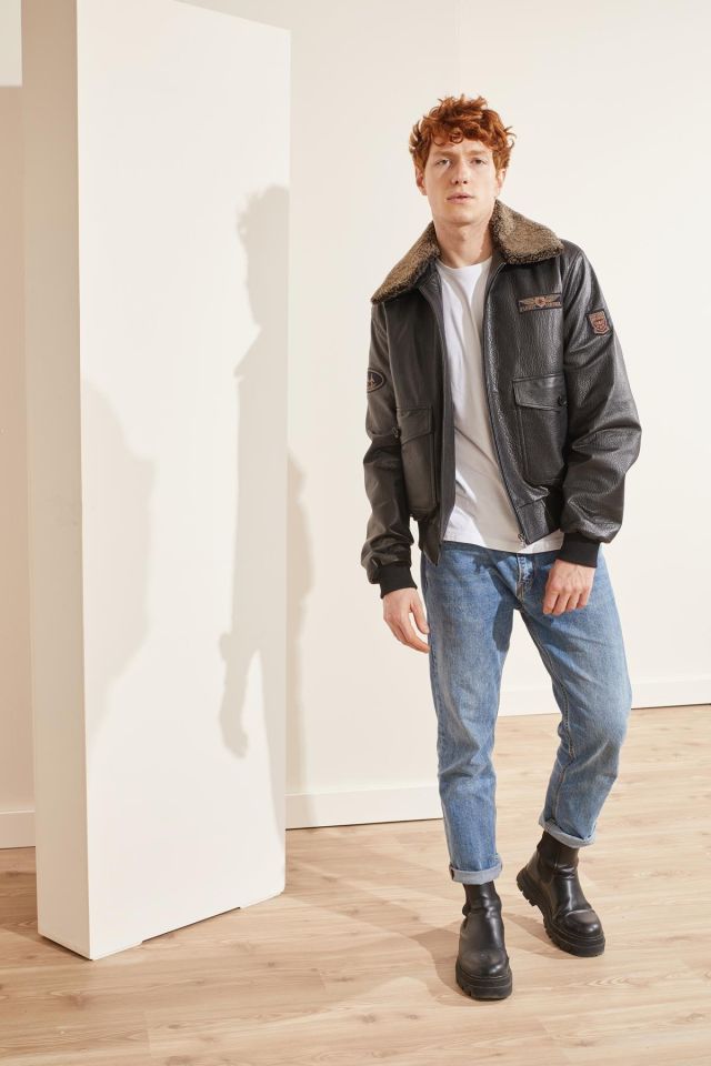 Black Dustin Collar Fur Man Genuine Leather Pilot Jacket