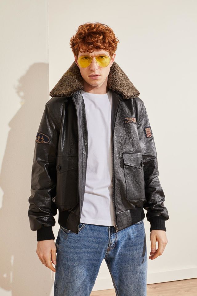 Black Dustin Collar Fur Man Genuine Leather Pilot Jacket