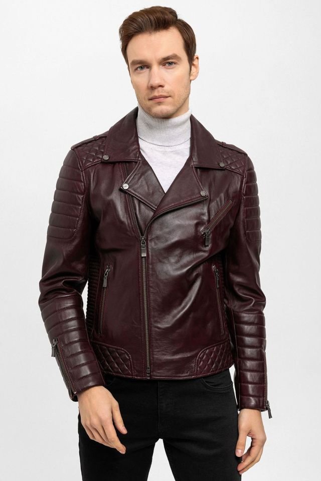 E1001 Burgundy Biker Man Genuine Leather Biker Jacket