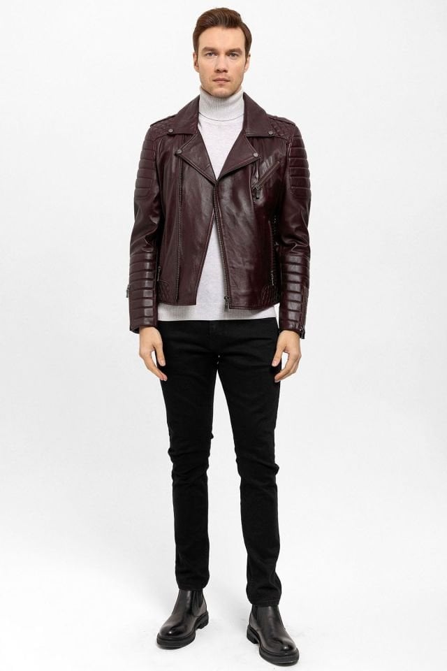 E1001 Burgundy Biker Man Genuine Leather Biker Jacket