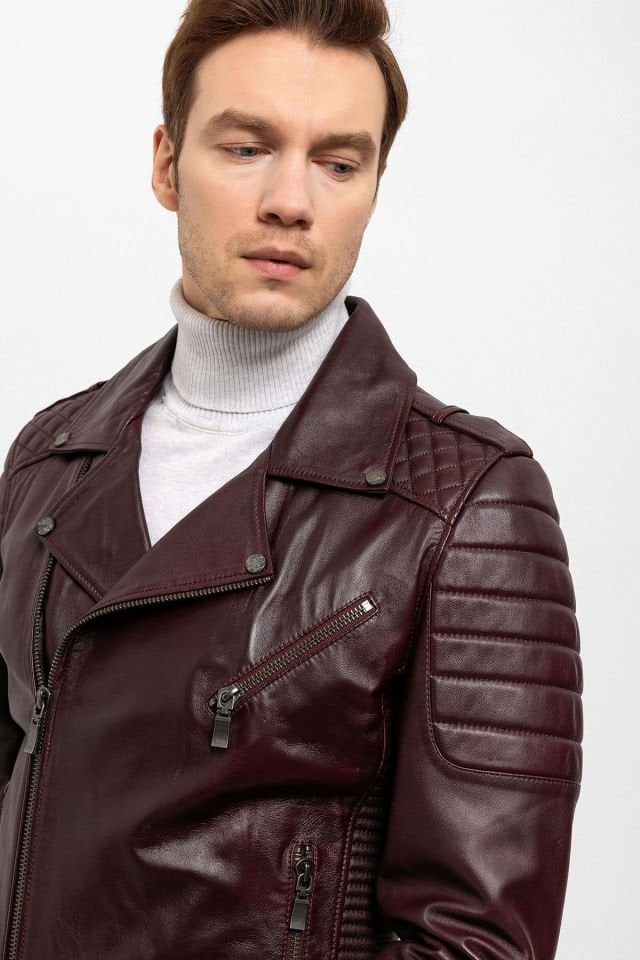 E1001 Burgundy Biker Man Genuine Leather Biker Jacket