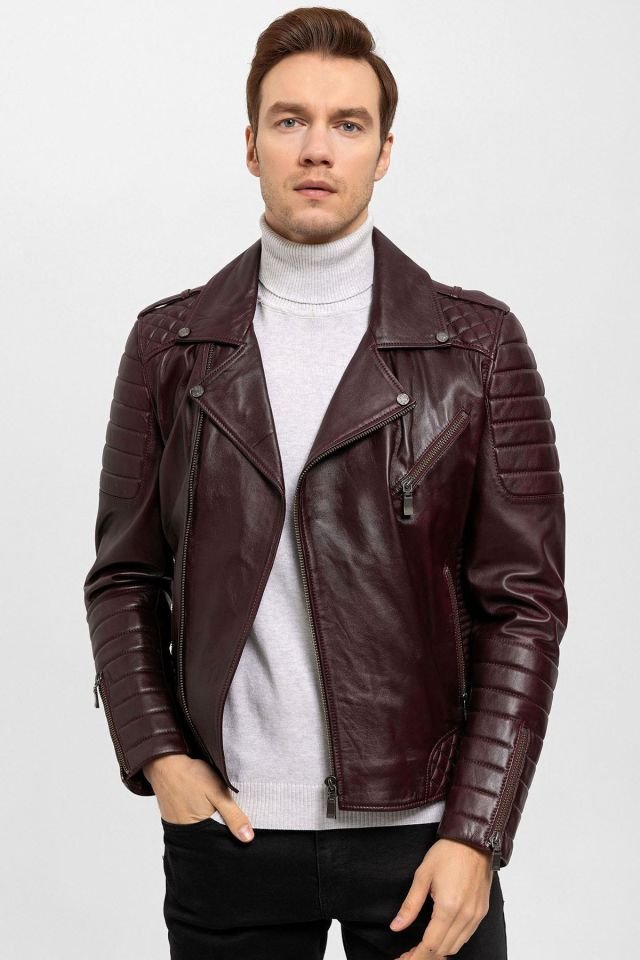 E1001 Burgundy Biker Man Genuine Leather Biker Jacket