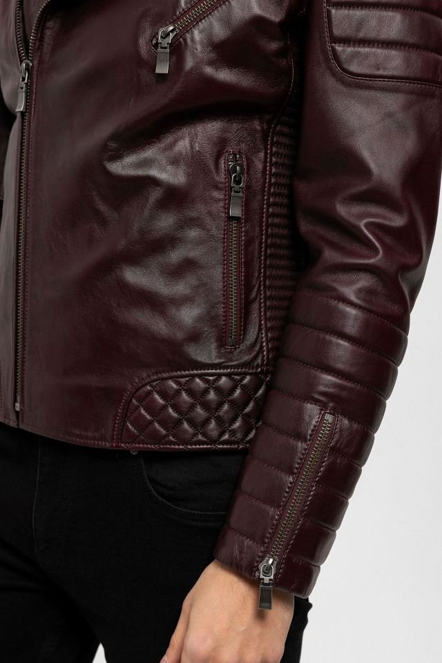 E1001 Burgundy Biker Man Genuine Leather Biker Jacket