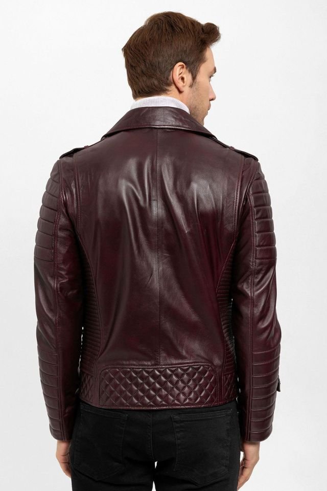 E1001 Burgundy Biker Man Genuine Leather Biker Jacket