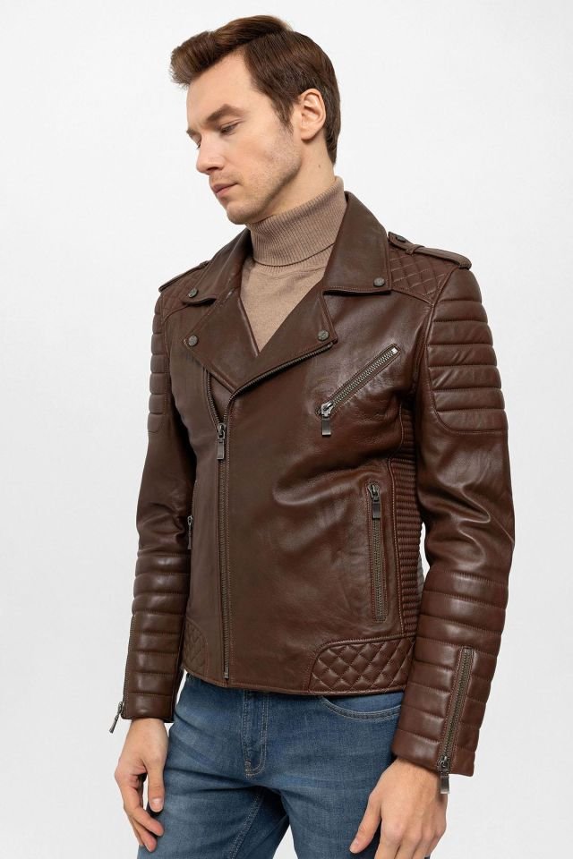 Cognac E1001 Man Genuine Leather Biker Jacket