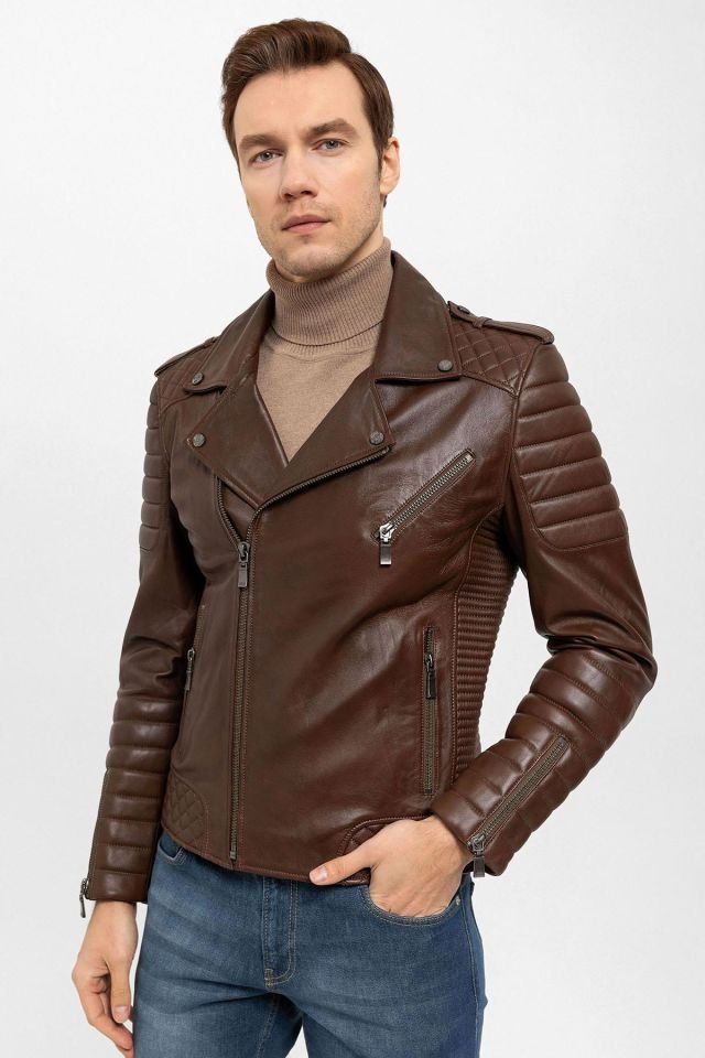 Cognac E1001 Man Genuine Leather Biker Jacket