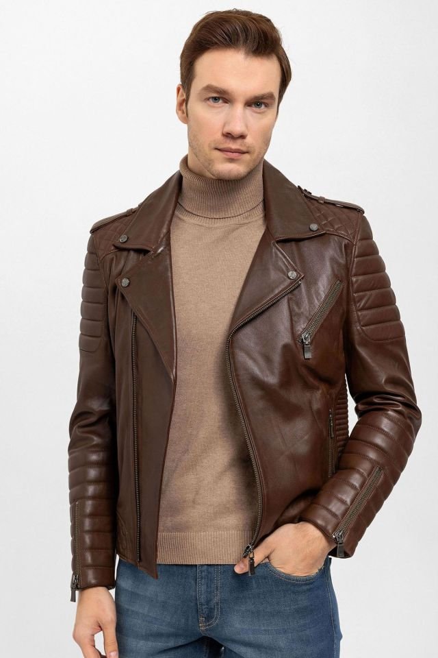 Cognac E1001 Man Genuine Leather Biker Jacket