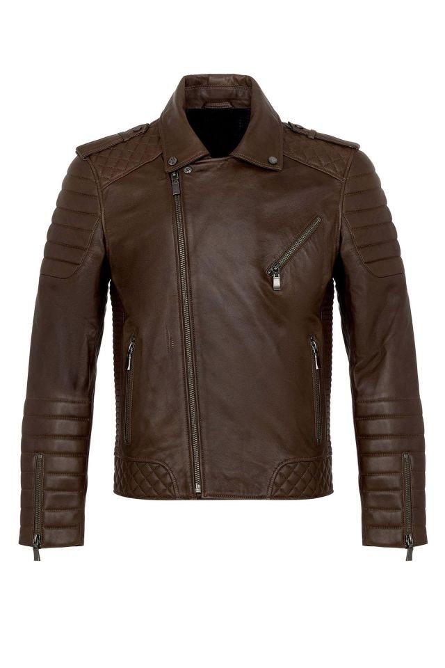 Cognac E1001 Man Genuine Leather Biker Jacket