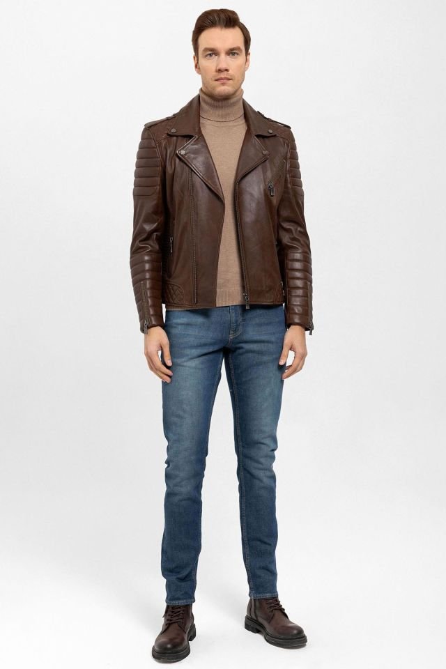 Cognac E1001 Man Genuine Leather Biker Jacket