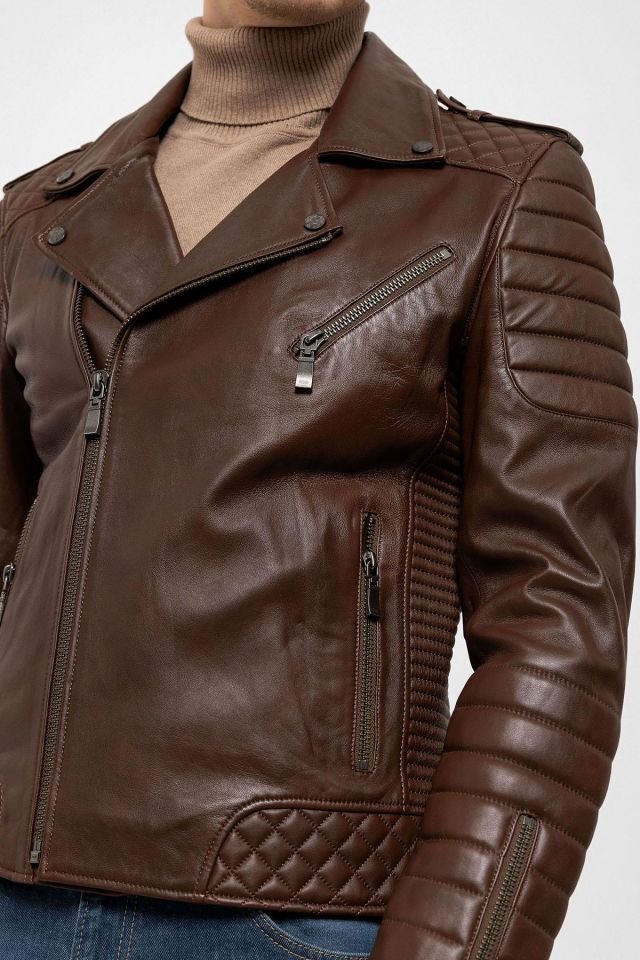 Cognac E1001 Man Genuine Leather Biker Jacket