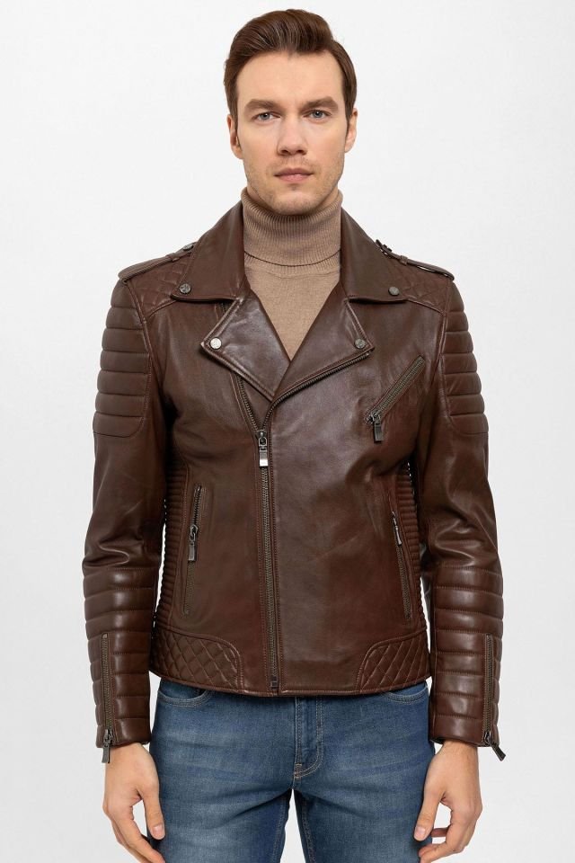 Cognac E1001 Man Genuine Leather Biker Jacket