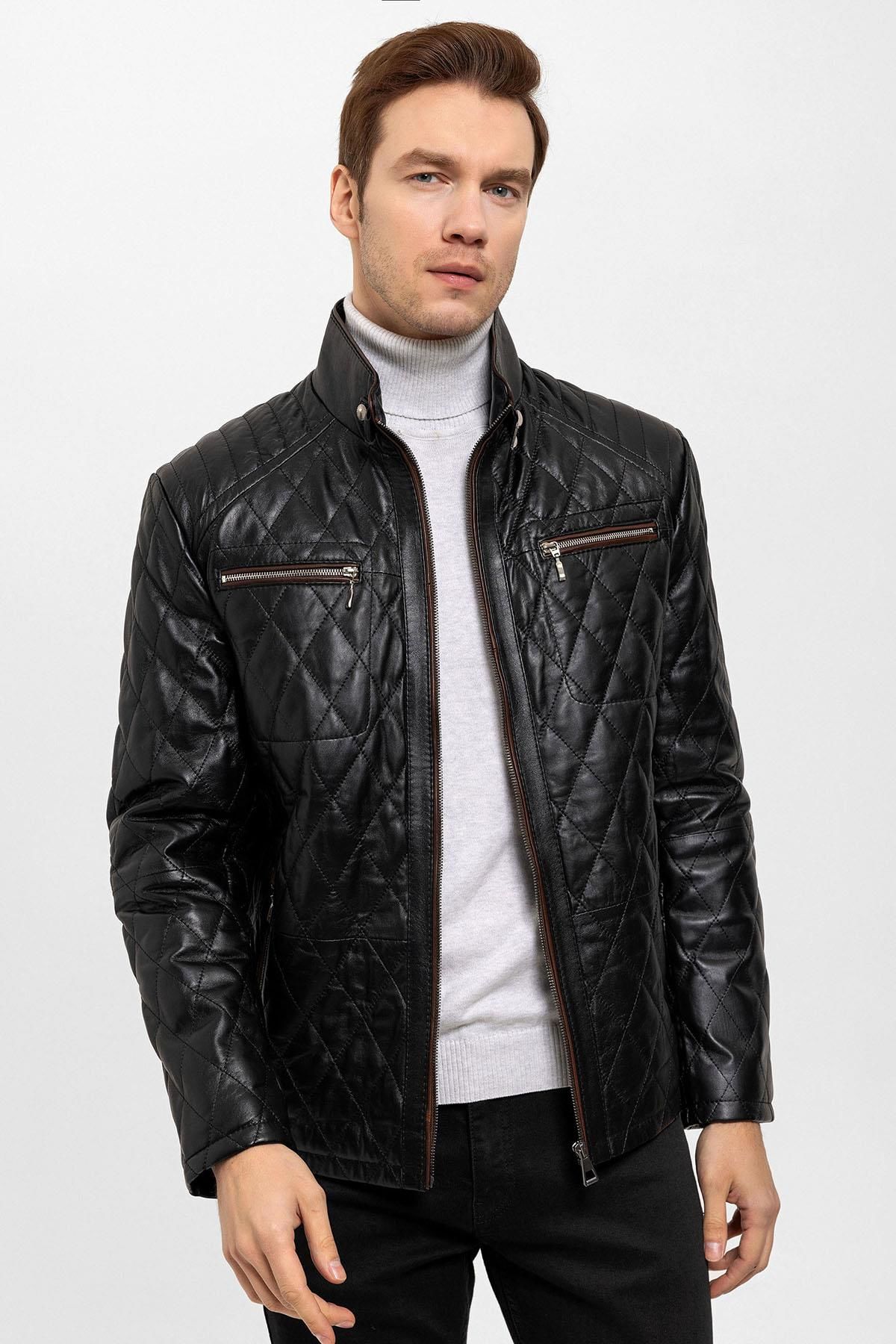 Black Mateo Man Quilted Stitched Genuine Leather Coat