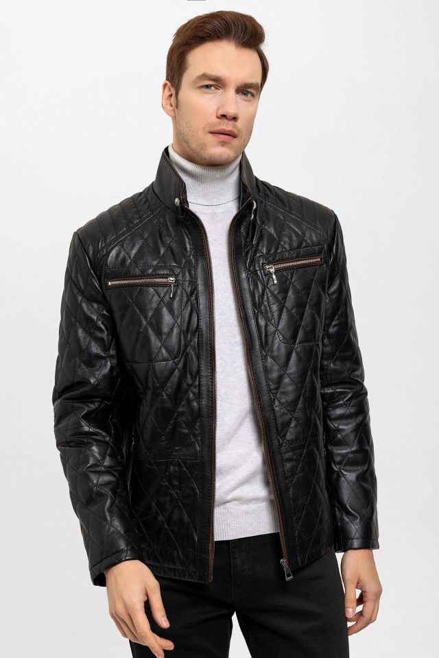 Black Mateo Man Quilted Stitched Genuine Leather Coat