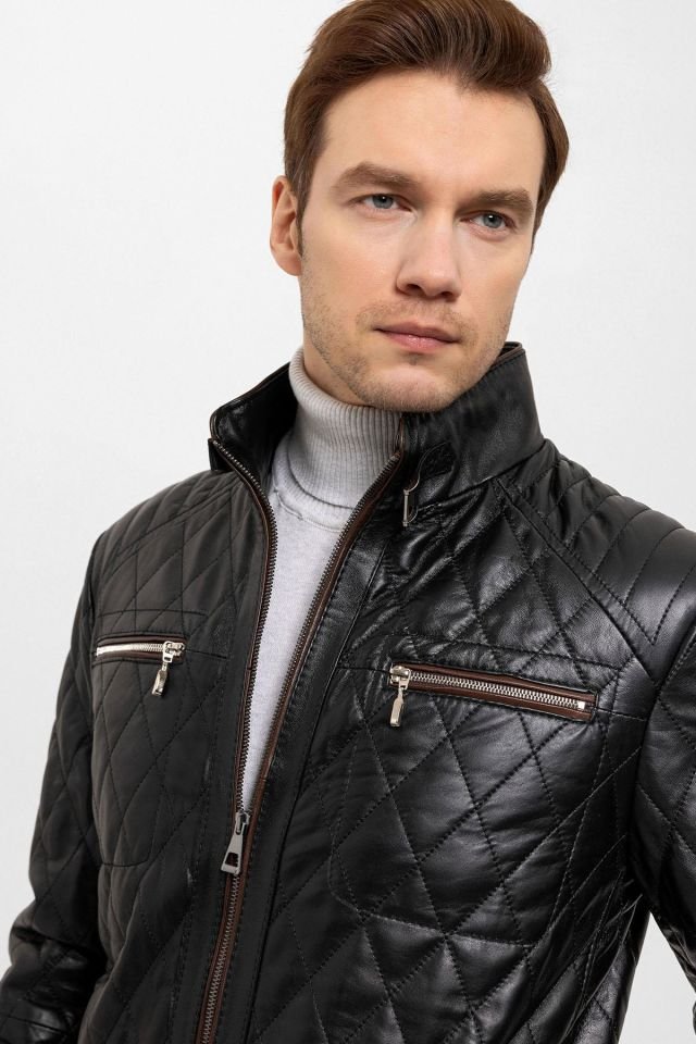 Black Mateo Man Quilted Stitched Genuine Leather Coat