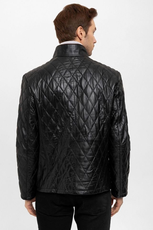 Black Mateo Man Quilted Stitched Genuine Leather Coat