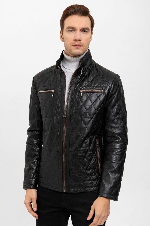 Black Mateo Man Quilted Stitched Genuine Leather Coat