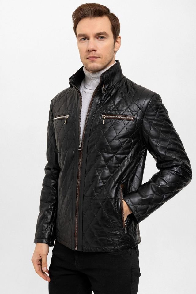 Black Mateo Man Quilted Stitched Genuine Leather Coat