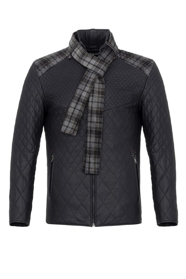 Navy Blue Steven Man Shawl Quilted Genuine Leather Jacket