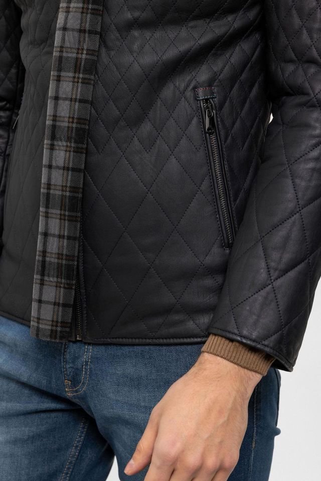 Navy Blue Steven Man Shawl Quilted Genuine Leather Jacket