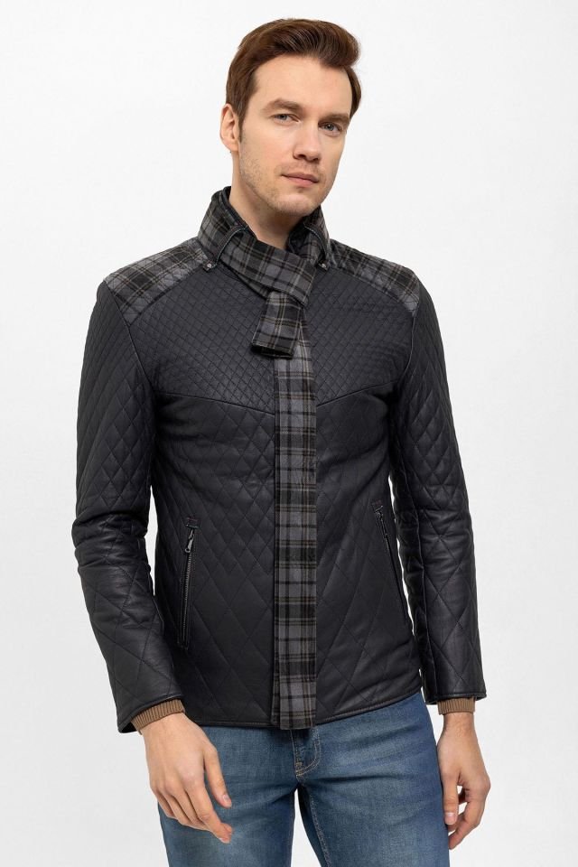 Navy Blue Steven Man Shawl Quilted Genuine Leather Jacket