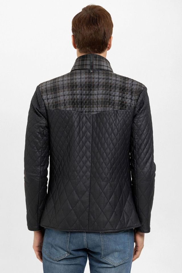 Navy Blue Steven Man Shawl Quilted Genuine Leather Jacket