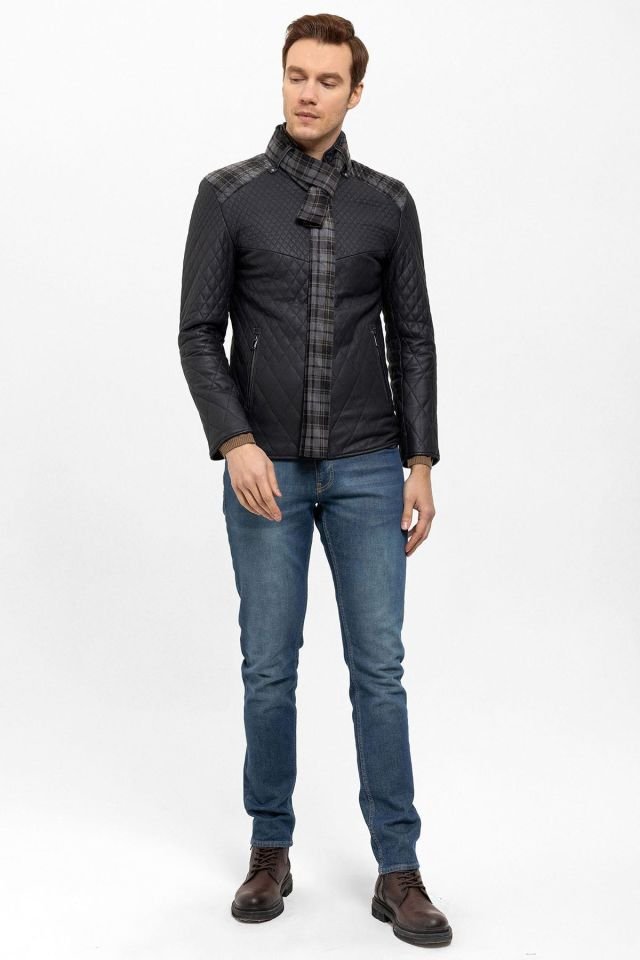 Navy Blue Steven Man Shawl Quilted Genuine Leather Jacket