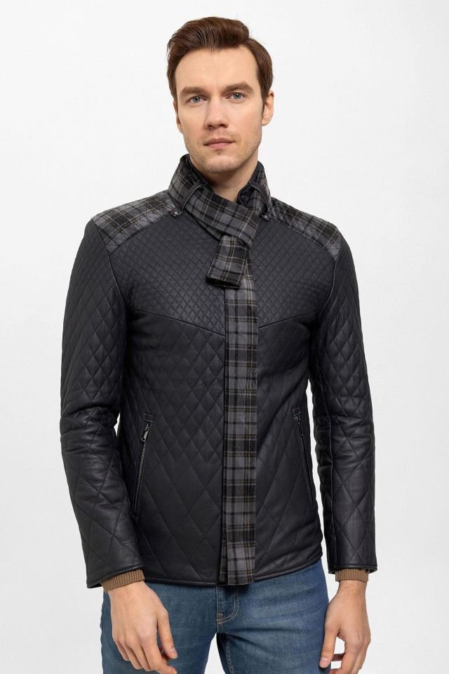 Navy Blue Steven Man Shawl Quilted Genuine Leather Jacket