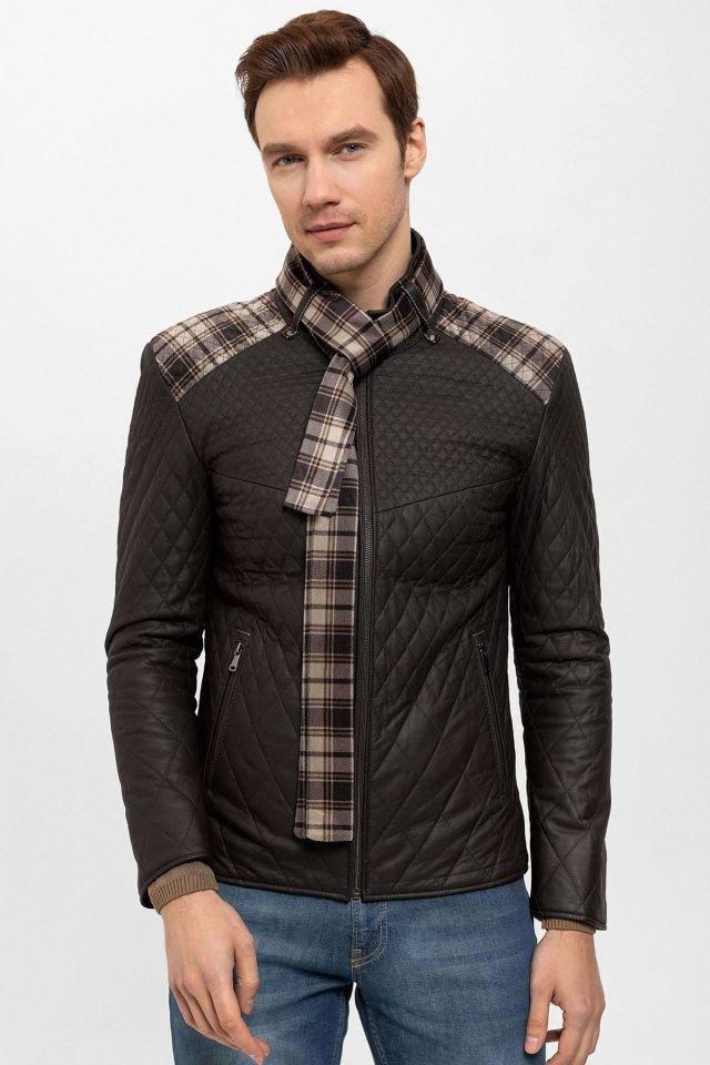 Brown Steven Man Shawl Quilted Genuine Leather Jacket