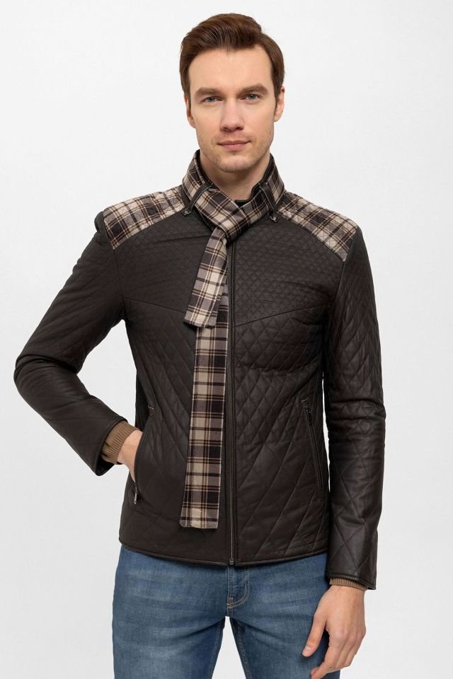 Brown Steven Man Shawl Quilted Genuine Leather Jacket