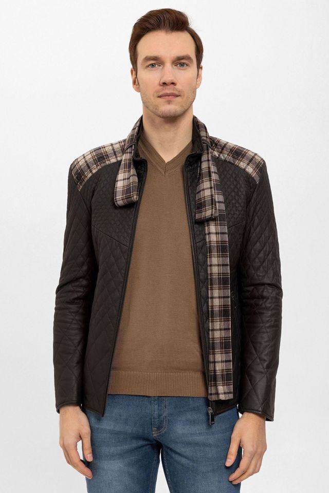 Brown Steven Man Shawl Quilted Genuine Leather Jacket