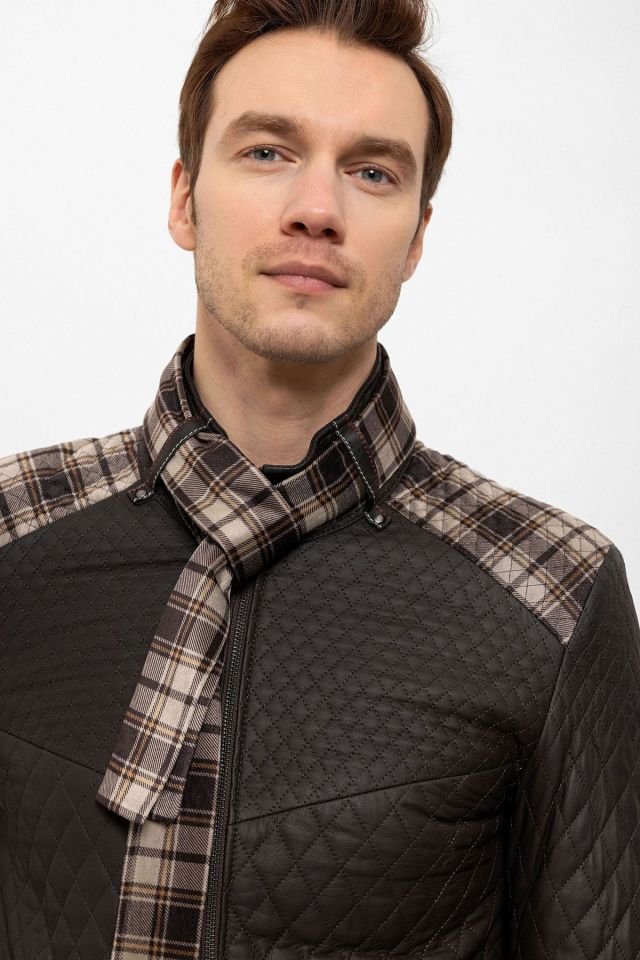 Brown Steven Man Shawl Quilted Genuine Leather Jacket