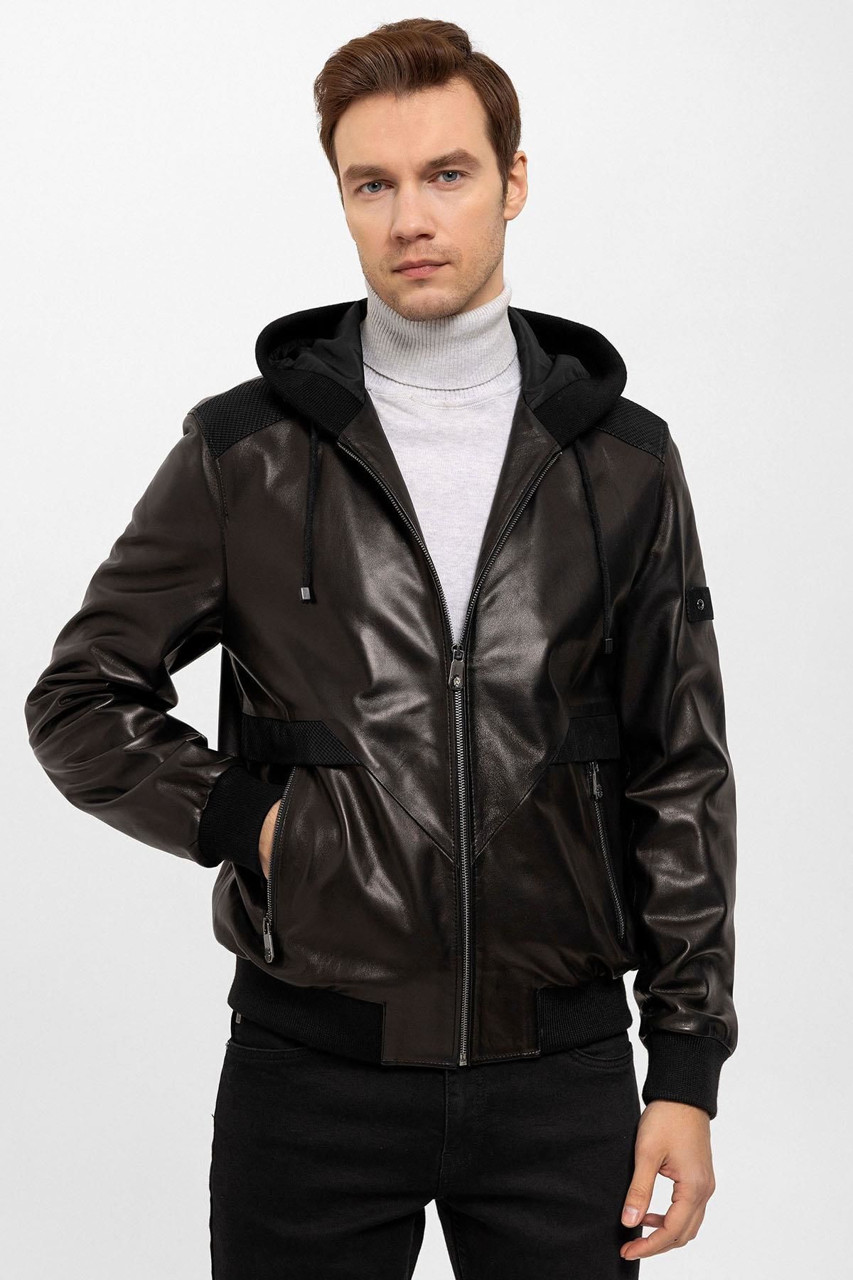 Black Dexter Hooded Man Genuine Leather Coat