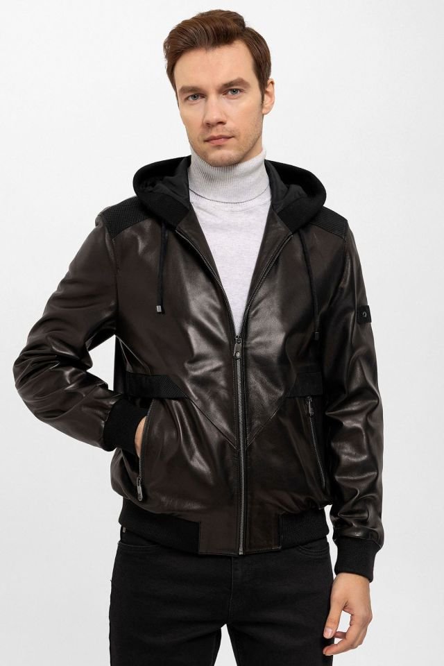 Black Dexter Hooded Man Genuine Leather Coat