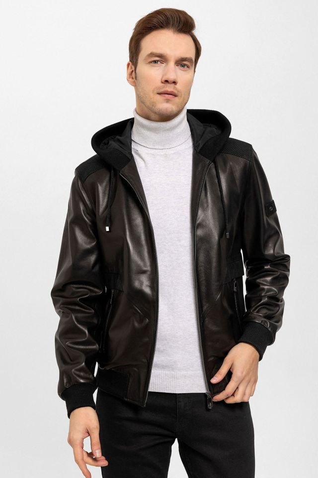 Black Dexter Hooded Man Genuine Leather Coat