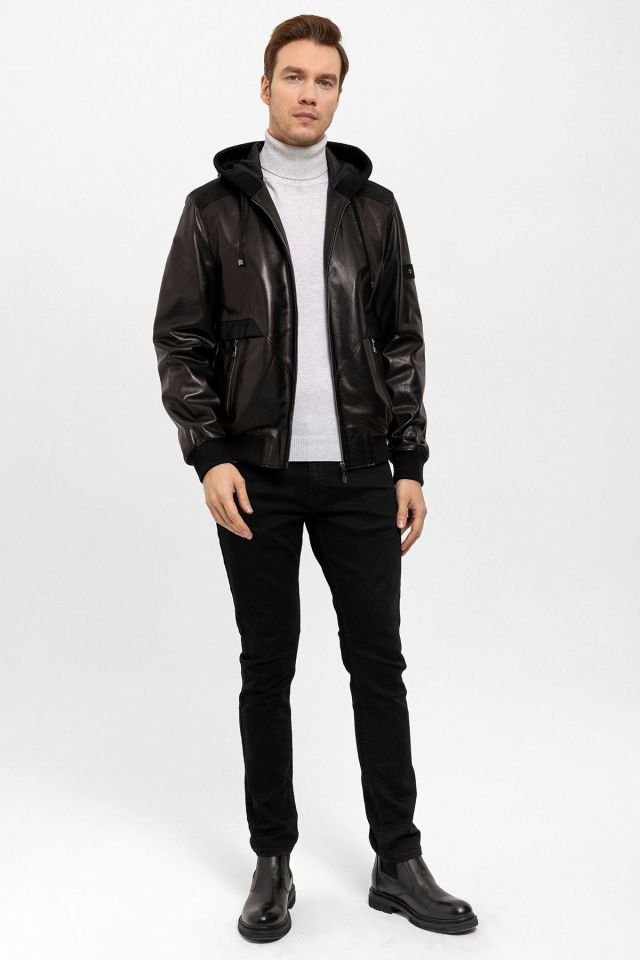 Black Dexter Hooded Man Genuine Leather Coat
