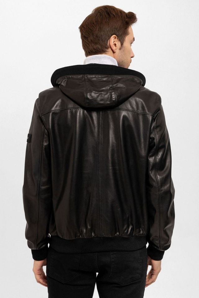 Black Dexter Hooded Man Genuine Leather Coat