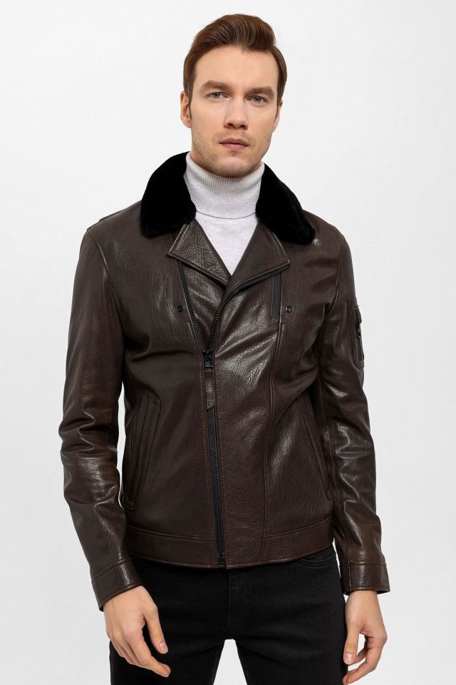 Brown Revolte Collar Fur Man Genuine Leather Jacket