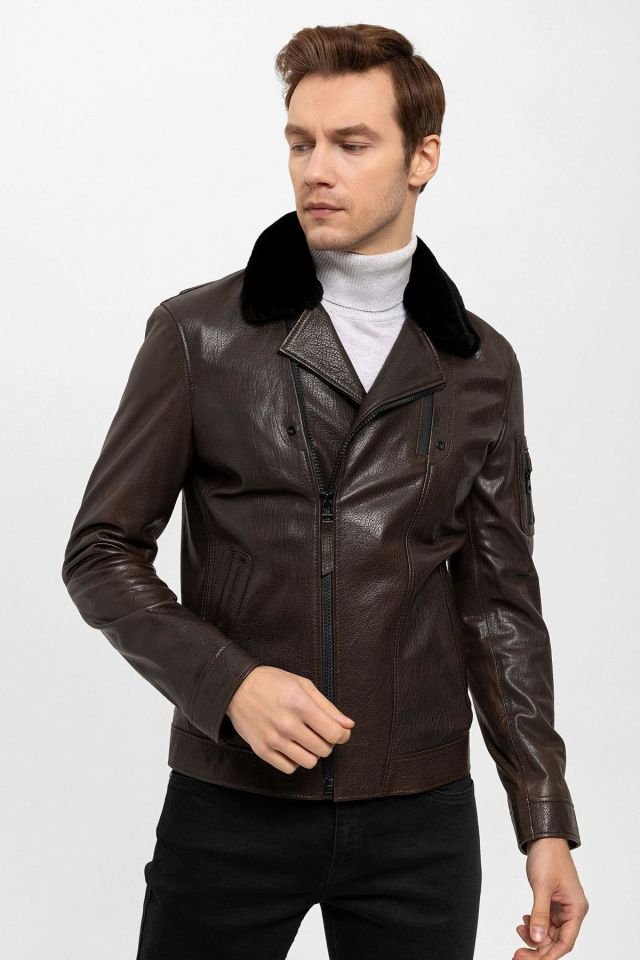 Brown Revolte Collar Fur Man Genuine Leather Jacket