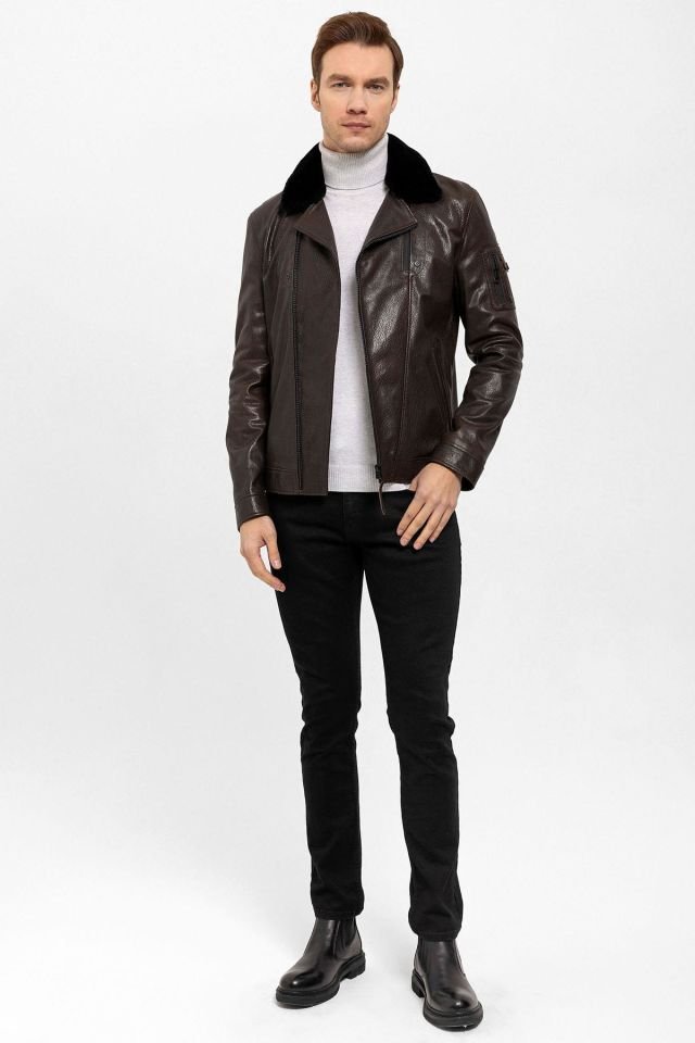 Brown Revolte Collar Fur Man Genuine Leather Jacket
