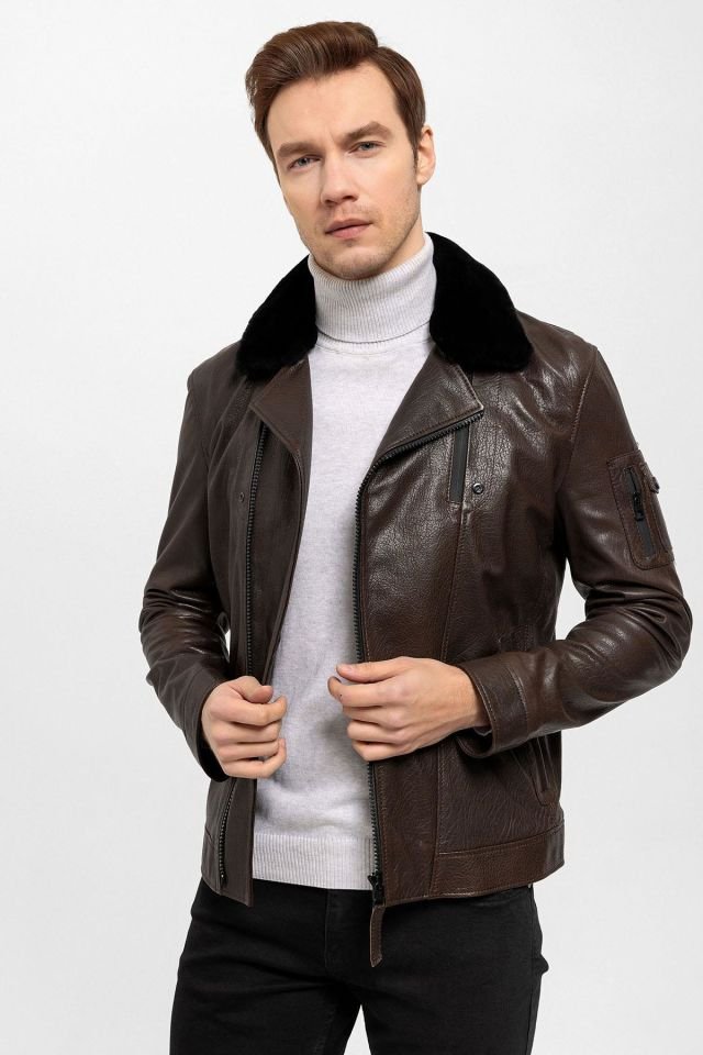 Brown Revolte Collar Fur Man Genuine Leather Jacket