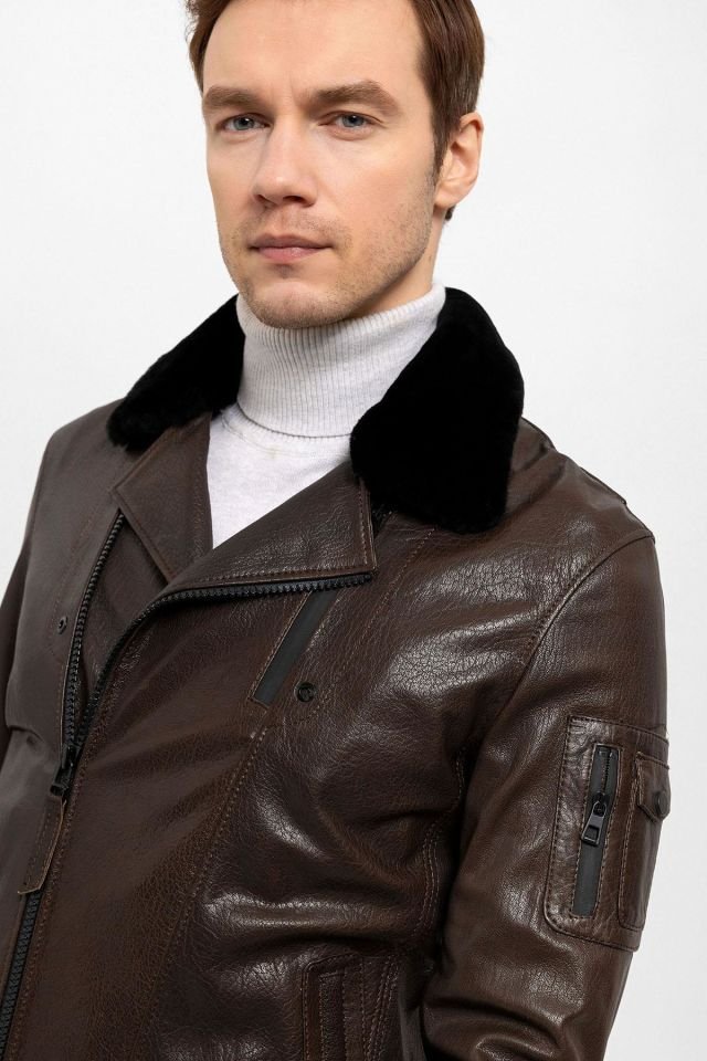 Brown Revolte Collar Fur Man Genuine Leather Jacket