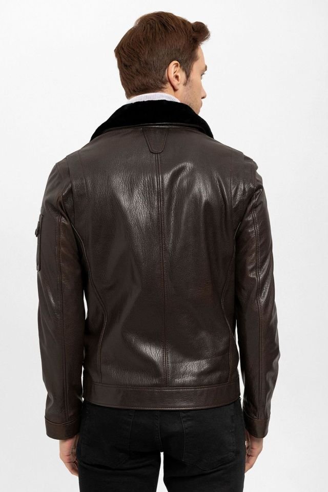 Brown Revolte Collar Fur Man Genuine Leather Jacket