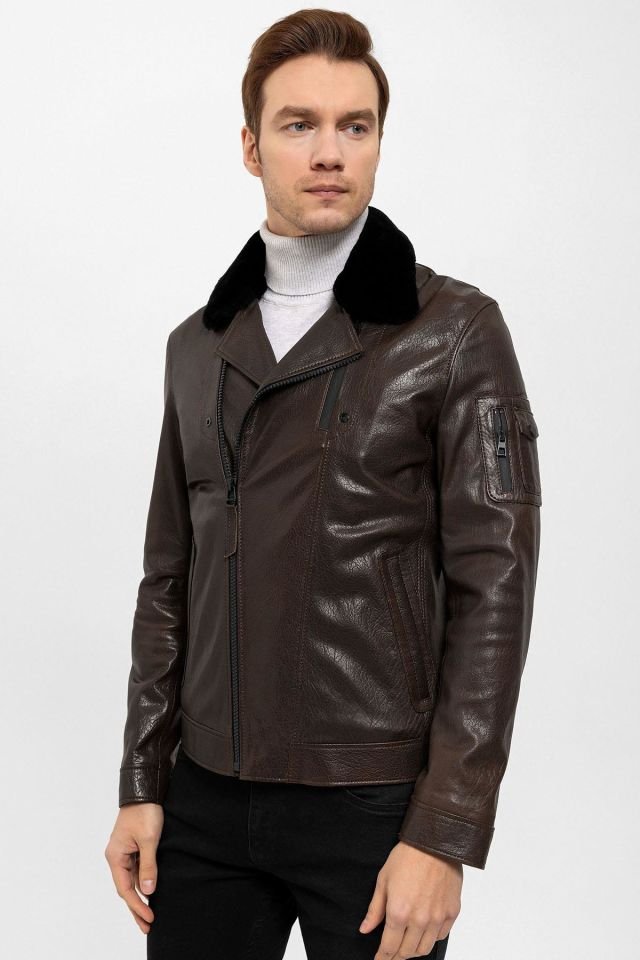 Brown Revolte Collar Fur Man Genuine Leather Jacket
