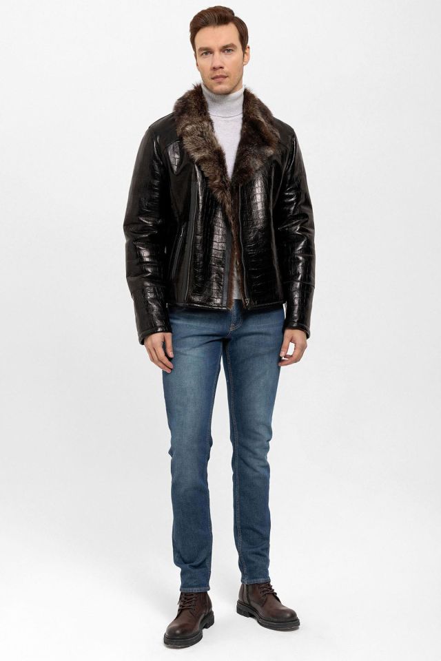 Brown Croco Print Flare Man Biker Genuine Shearling Coat