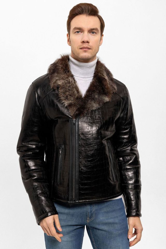 Brown Croco Print Flare Man Biker Genuine Shearling Coat